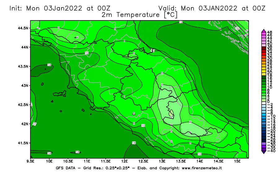 Mappa di analisi GFS - Temperatura a 2 metri dal suolo [°C] in Centro-Italia
							del 03/01/2022 00 <!--googleoff: index-->UTC<!--googleon: index-->