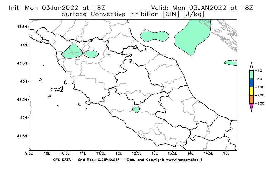 Mappa di analisi GFS - CIN [J/kg] in Centro-Italia
							del 03/01/2022 18 <!--googleoff: index-->UTC<!--googleon: index-->