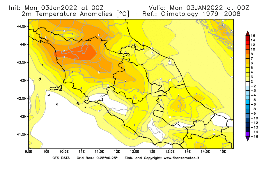 Mappa di analisi GFS - Anomalia Temperatura [°C] a 2 m in Centro-Italia
							del 03/01/2022 00 <!--googleoff: index-->UTC<!--googleon: index-->