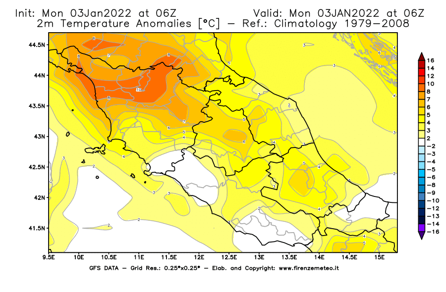 Mappa di analisi GFS - Anomalia Temperatura [°C] a 2 m in Centro-Italia
							del 03/01/2022 06 <!--googleoff: index-->UTC<!--googleon: index-->