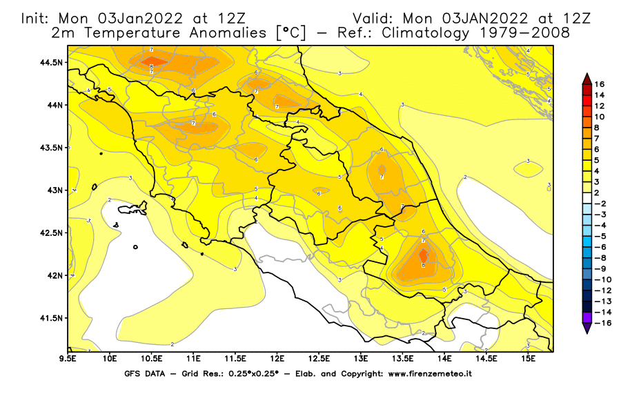 Mappa di analisi GFS - Anomalia Temperatura [°C] a 2 m in Centro-Italia
							del 03/01/2022 12 <!--googleoff: index-->UTC<!--googleon: index-->