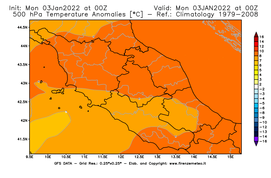 Mappa di analisi GFS - Anomalia Temperatura [°C] a 500 hPa in Centro-Italia
							del 03/01/2022 00 <!--googleoff: index-->UTC<!--googleon: index-->