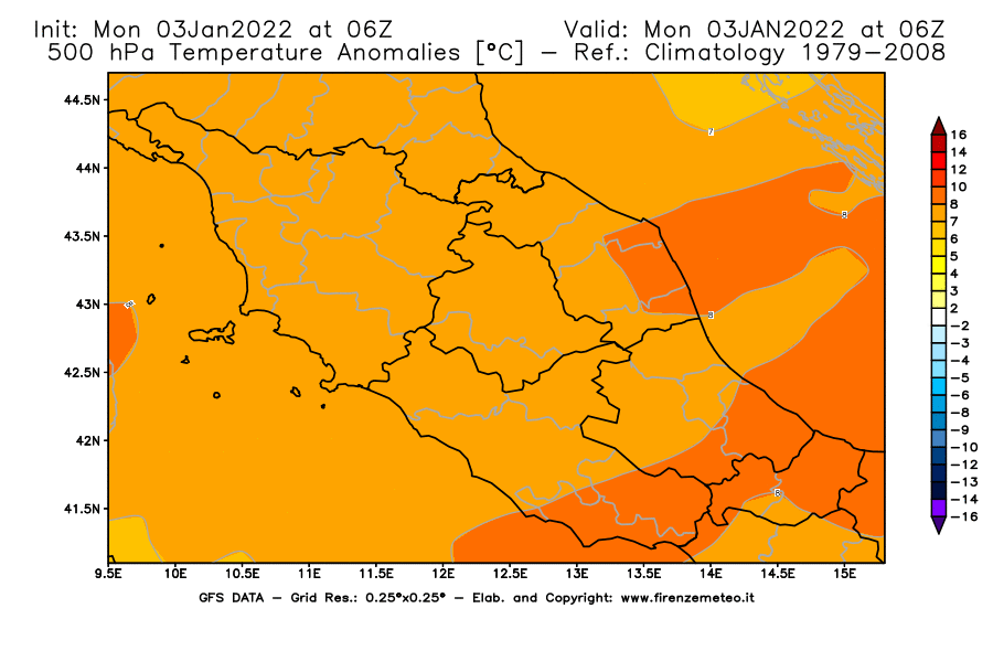 Mappa di analisi GFS - Anomalia Temperatura [°C] a 500 hPa in Centro-Italia
							del 03/01/2022 06 <!--googleoff: index-->UTC<!--googleon: index-->