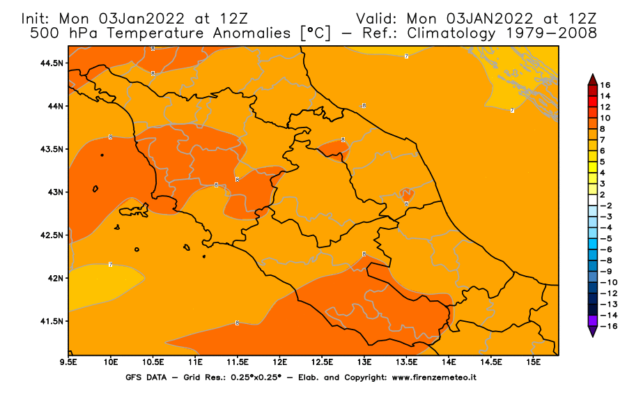 Mappa di analisi GFS - Anomalia Temperatura [°C] a 500 hPa in Centro-Italia
							del 03/01/2022 12 <!--googleoff: index-->UTC<!--googleon: index-->