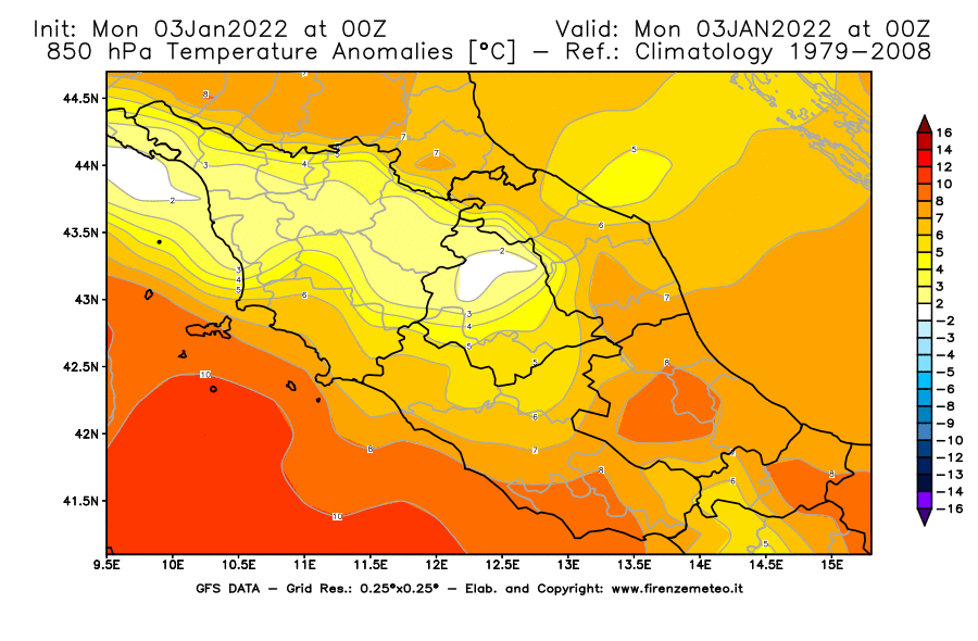 Mappa di analisi GFS - Anomalia Temperatura [°C] a 850 hPa in Centro-Italia
							del 03/01/2022 00 <!--googleoff: index-->UTC<!--googleon: index-->