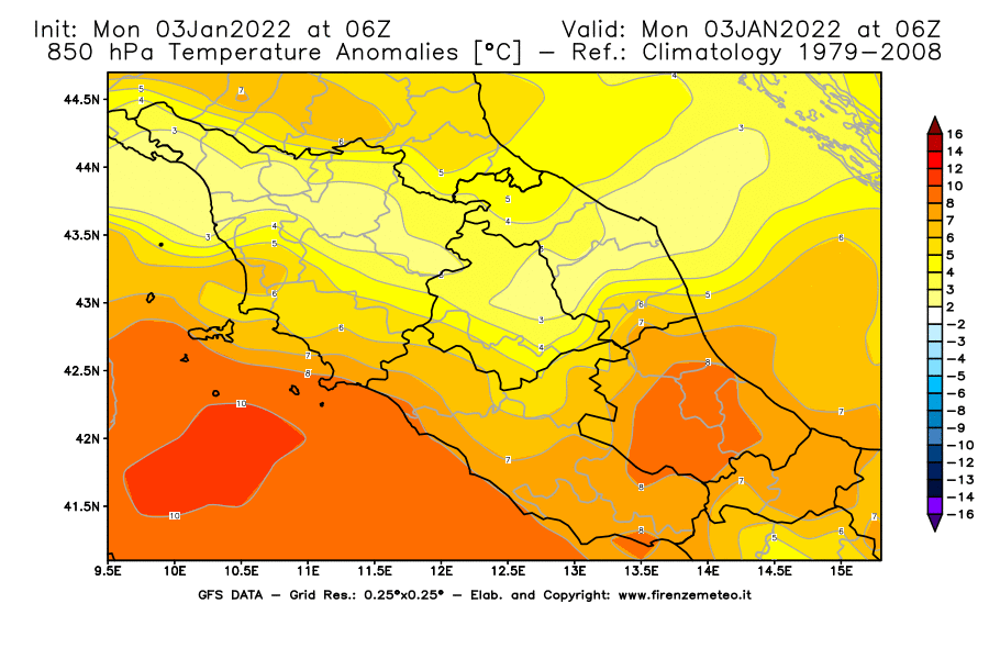 Mappa di analisi GFS - Anomalia Temperatura [°C] a 850 hPa in Centro-Italia
							del 03/01/2022 06 <!--googleoff: index-->UTC<!--googleon: index-->