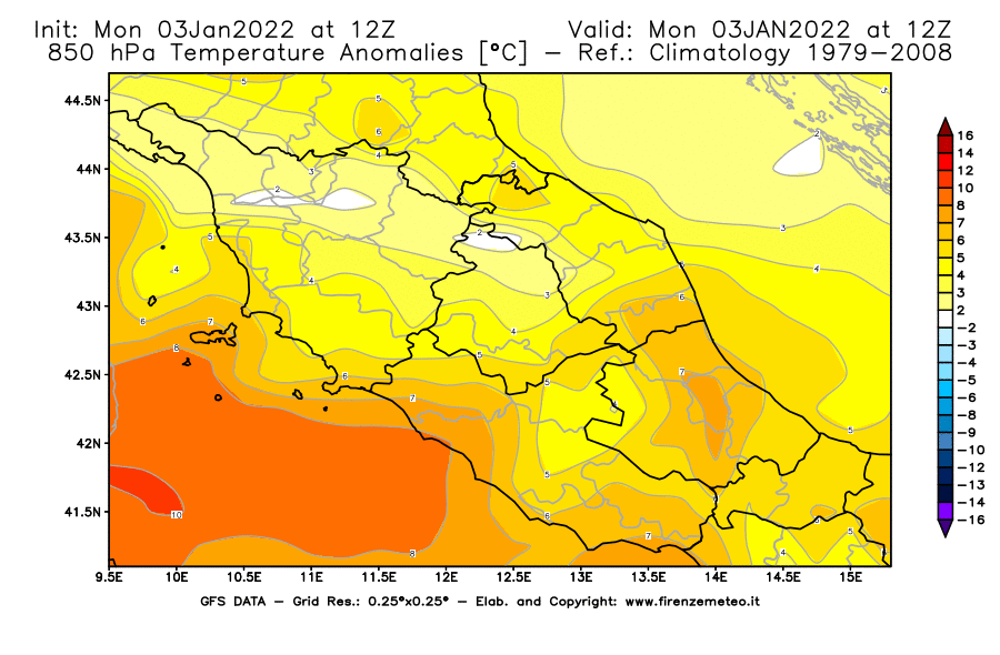 Mappa di analisi GFS - Anomalia Temperatura [°C] a 850 hPa in Centro-Italia
							del 03/01/2022 12 <!--googleoff: index-->UTC<!--googleon: index-->