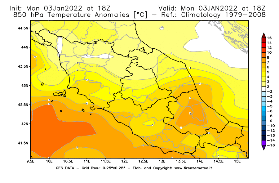 Mappa di analisi GFS - Anomalia Temperatura [°C] a 850 hPa in Centro-Italia
							del 03/01/2022 18 <!--googleoff: index-->UTC<!--googleon: index-->
