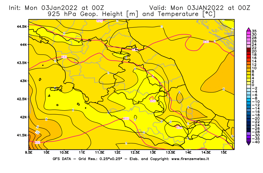 Mappa di analisi GFS - Geopotenziale [m] e Temperatura [°C] a 925 hPa in Centro-Italia
							del 03/01/2022 00 <!--googleoff: index-->UTC<!--googleon: index-->