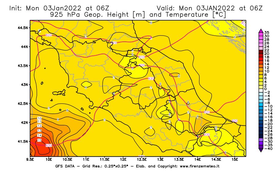 Mappa di analisi GFS - Geopotenziale [m] e Temperatura [°C] a 925 hPa in Centro-Italia
							del 03/01/2022 06 <!--googleoff: index-->UTC<!--googleon: index-->