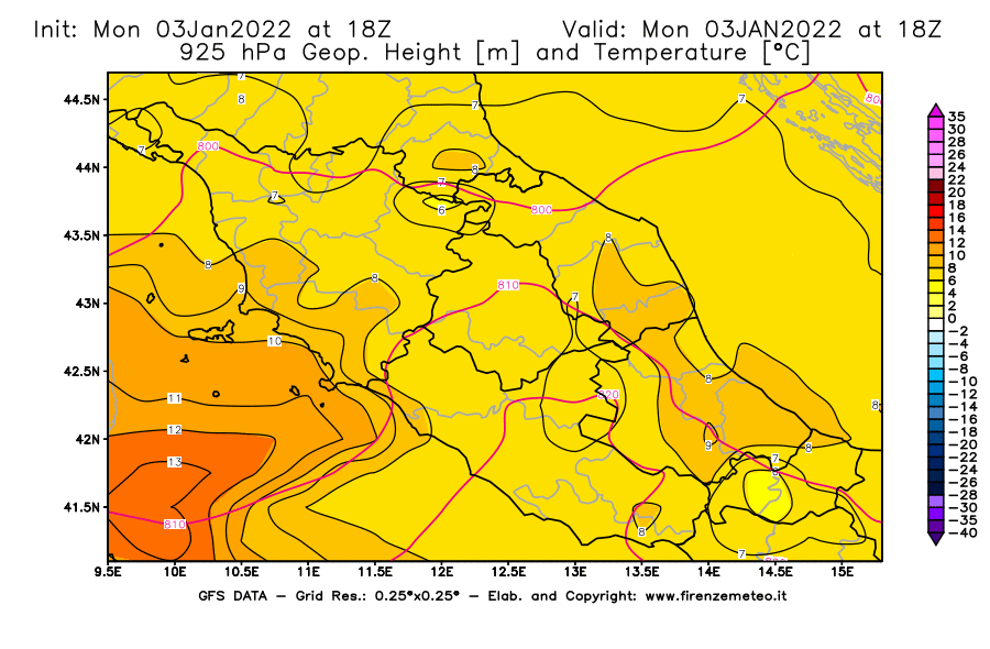 Mappa di analisi GFS - Geopotenziale [m] e Temperatura [°C] a 925 hPa in Centro-Italia
							del 03/01/2022 18 <!--googleoff: index-->UTC<!--googleon: index-->