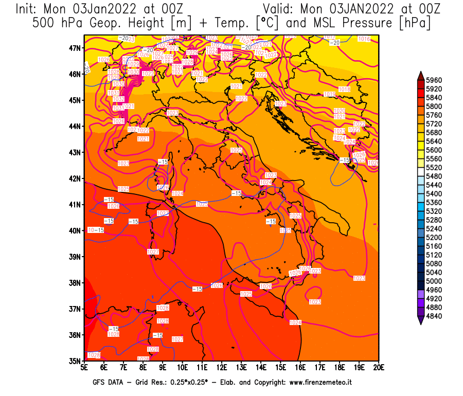 Mappa di analisi GFS - Geopotenziale [m] + Temp. [°C] a 500 hPa + Press. a livello del mare [hPa] in Italia
							del 03/01/2022 00 <!--googleoff: index-->UTC<!--googleon: index-->