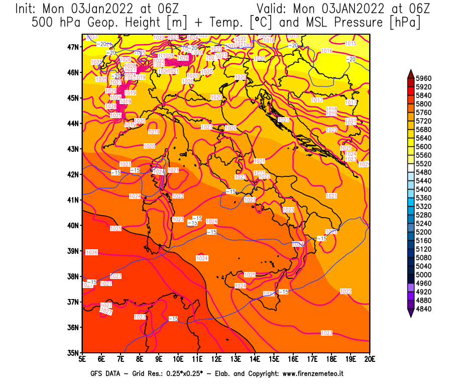 Mappa di analisi GFS - Geopotenziale [m] + Temp. [°C] a 500 hPa + Press. a livello del mare [hPa] in Italia
							del 03/01/2022 06 <!--googleoff: index-->UTC<!--googleon: index-->