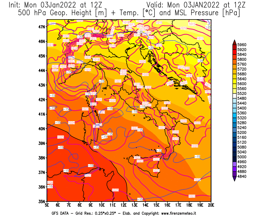 Mappa di analisi GFS - Geopotenziale [m] + Temp. [°C] a 500 hPa + Press. a livello del mare [hPa] in Italia
							del 03/01/2022 12 <!--googleoff: index-->UTC<!--googleon: index-->
