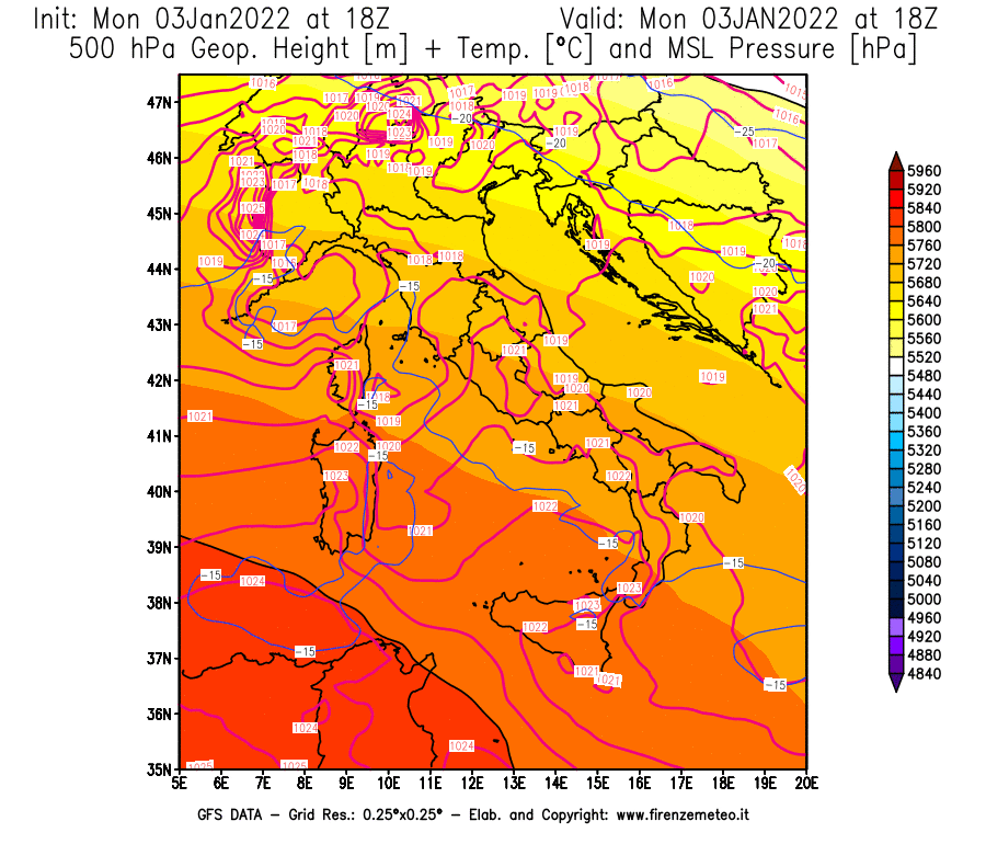 Mappa di analisi GFS - Geopotenziale [m] + Temp. [°C] a 500 hPa + Press. a livello del mare [hPa] in Italia
							del 03/01/2022 18 <!--googleoff: index-->UTC<!--googleon: index-->