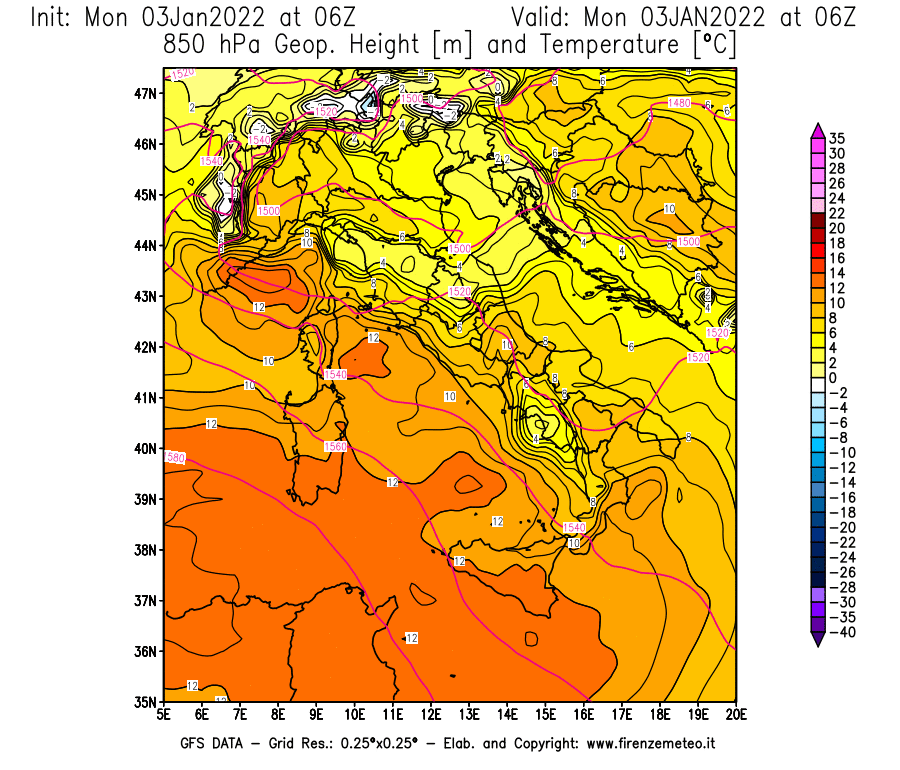 Mappa di analisi GFS - Geopotenziale [m] e Temperatura [°C] a 850 hPa in Italia
							del 03/01/2022 06 <!--googleoff: index-->UTC<!--googleon: index-->