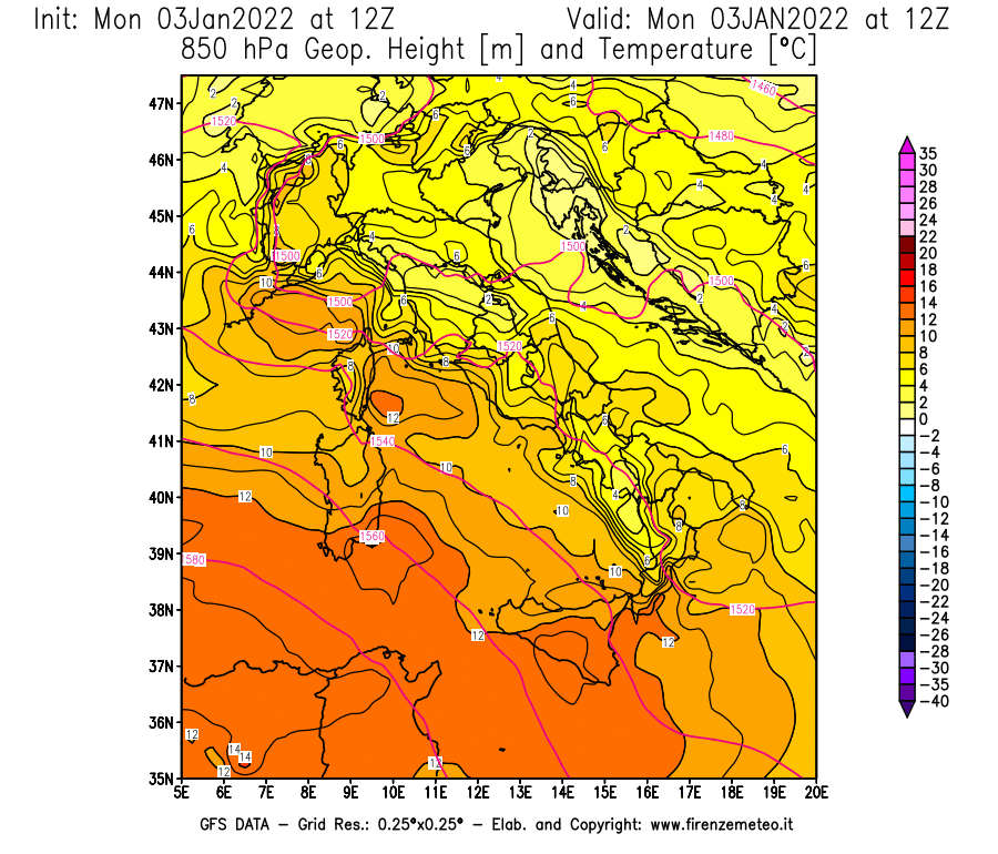 Mappa di analisi GFS - Geopotenziale [m] e Temperatura [°C] a 850 hPa in Italia
							del 03/01/2022 12 <!--googleoff: index-->UTC<!--googleon: index-->