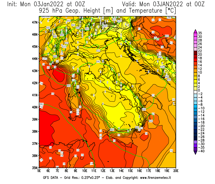 Mappa di analisi GFS - Geopotenziale [m] e Temperatura [°C] a 925 hPa in Italia
							del 03/01/2022 00 <!--googleoff: index-->UTC<!--googleon: index-->