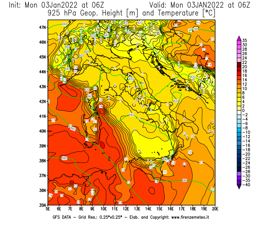 Mappa di analisi GFS - Geopotenziale [m] e Temperatura [°C] a 925 hPa in Italia
							del 03/01/2022 06 <!--googleoff: index-->UTC<!--googleon: index-->