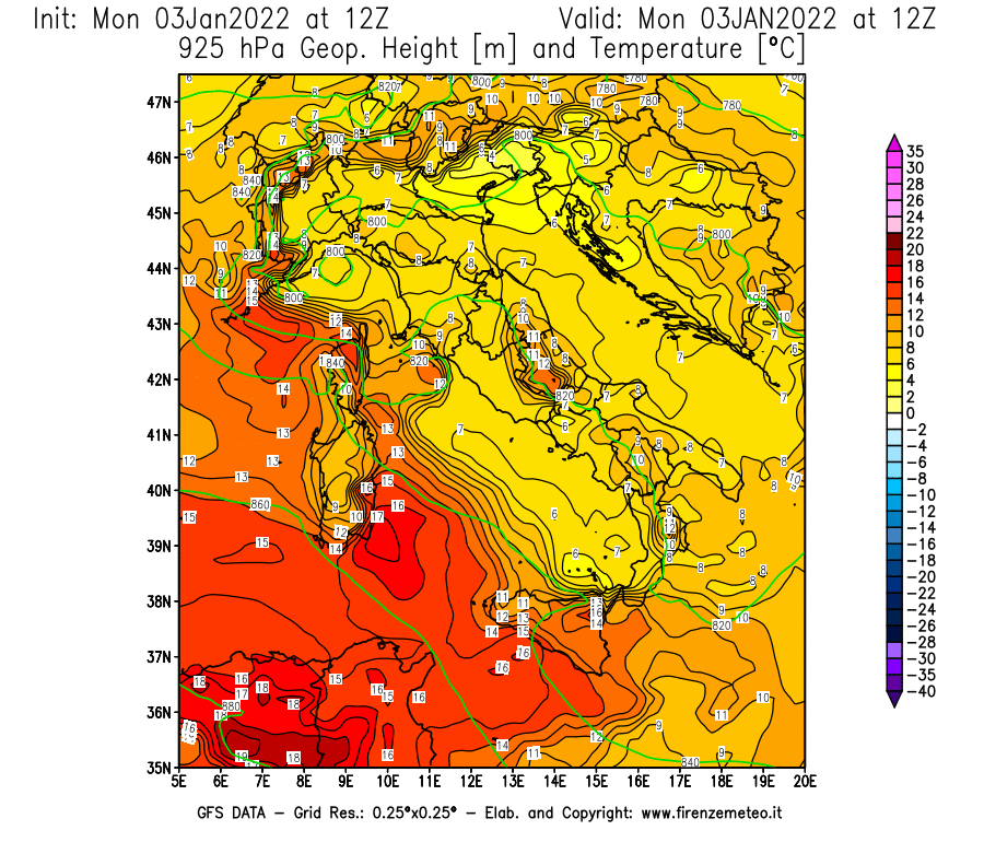 Mappa di analisi GFS - Geopotenziale [m] e Temperatura [°C] a 925 hPa in Italia
							del 03/01/2022 12 <!--googleoff: index-->UTC<!--googleon: index-->