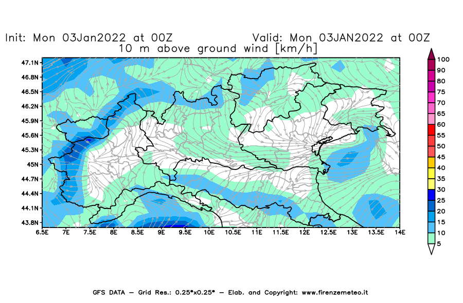 Mappa di analisi GFS - Velocità del vento a 10 metri dal suolo [km/h] in Nord-Italia
							del 03/01/2022 00 <!--googleoff: index-->UTC<!--googleon: index-->