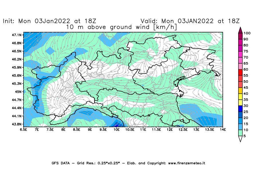 Mappa di analisi GFS - Velocità del vento a 10 metri dal suolo [km/h] in Nord-Italia
							del 03/01/2022 18 <!--googleoff: index-->UTC<!--googleon: index-->