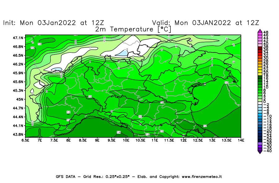 Mappa di analisi GFS - Temperatura a 2 metri dal suolo [°C] in Nord-Italia
							del 03/01/2022 12 <!--googleoff: index-->UTC<!--googleon: index-->