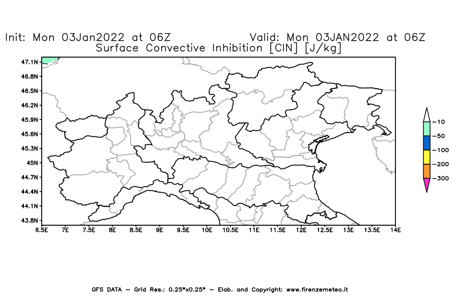 Mappa di analisi GFS - CIN [J/kg] in Nord-Italia
							del 03/01/2022 06 <!--googleoff: index-->UTC<!--googleon: index-->