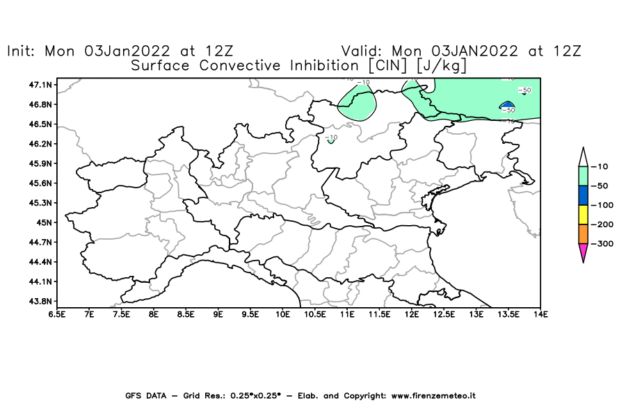 Mappa di analisi GFS - CIN [J/kg] in Nord-Italia
							del 03/01/2022 12 <!--googleoff: index-->UTC<!--googleon: index-->
