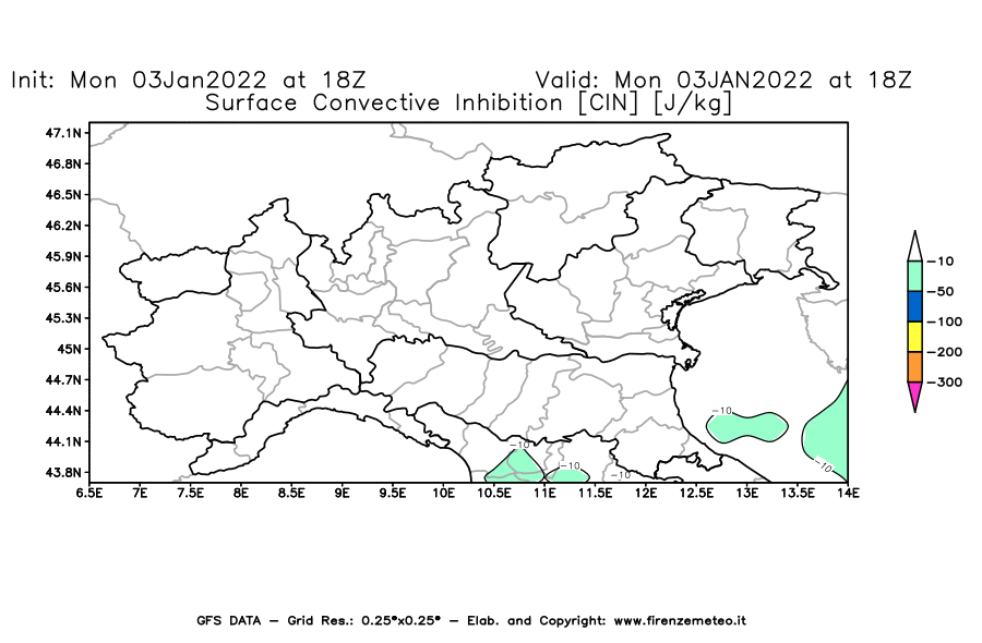 Mappa di analisi GFS - CIN [J/kg] in Nord-Italia
							del 03/01/2022 18 <!--googleoff: index-->UTC<!--googleon: index-->