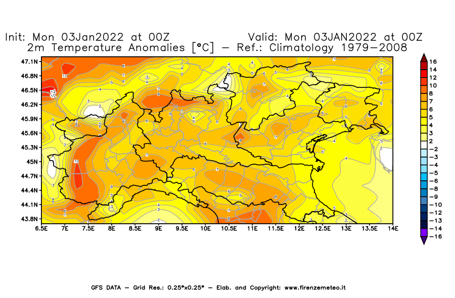 Mappa di analisi GFS - Anomalia Temperatura [°C] a 2 m in Nord-Italia
							del 03/01/2022 00 <!--googleoff: index-->UTC<!--googleon: index-->