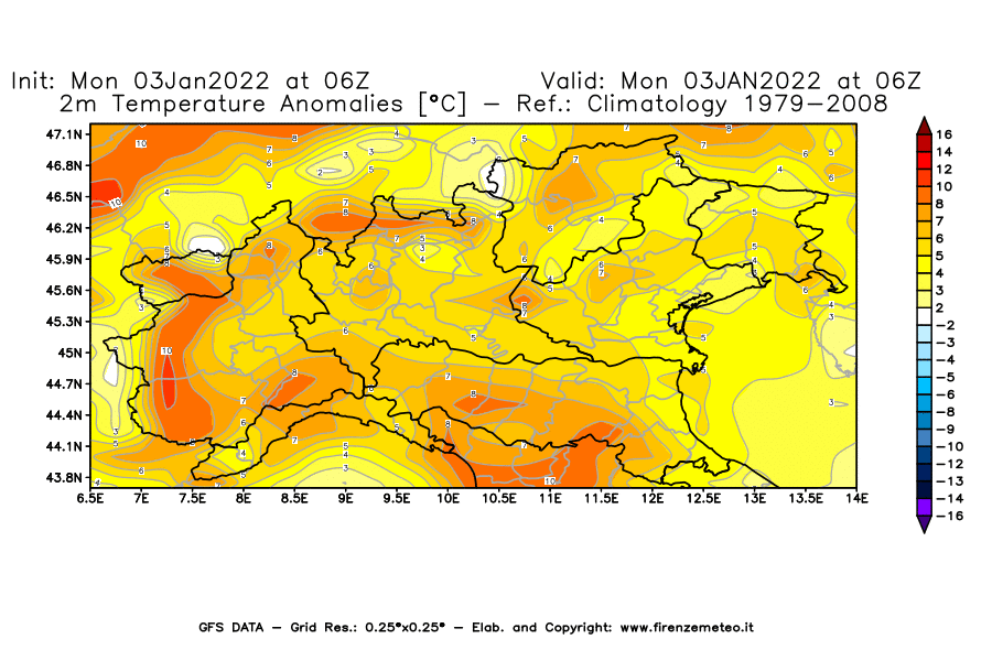 Mappa di analisi GFS - Anomalia Temperatura [°C] a 2 m in Nord-Italia
							del 03/01/2022 06 <!--googleoff: index-->UTC<!--googleon: index-->