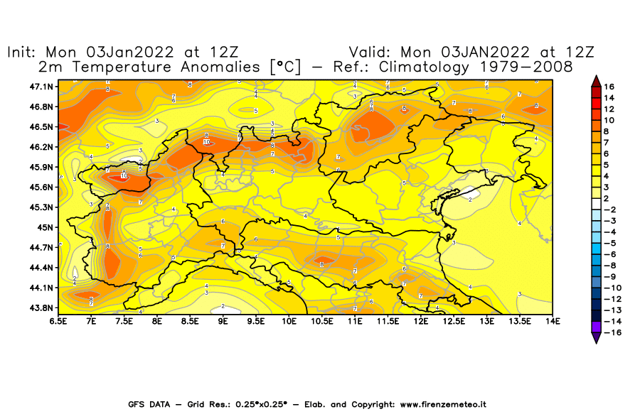 Mappa di analisi GFS - Anomalia Temperatura [°C] a 2 m in Nord-Italia
							del 03/01/2022 12 <!--googleoff: index-->UTC<!--googleon: index-->