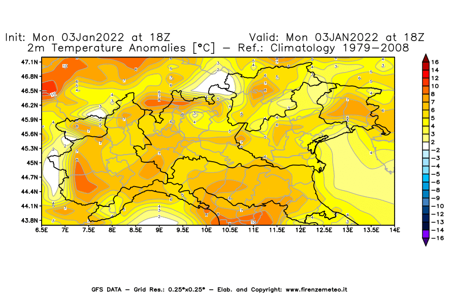 Mappa di analisi GFS - Anomalia Temperatura [°C] a 2 m in Nord-Italia
							del 03/01/2022 18 <!--googleoff: index-->UTC<!--googleon: index-->