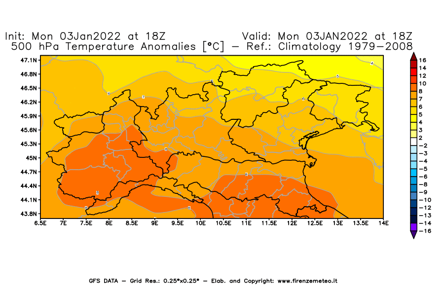Mappa di analisi GFS - Anomalia Temperatura [°C] a 500 hPa in Nord-Italia
							del 03/01/2022 18 <!--googleoff: index-->UTC<!--googleon: index-->