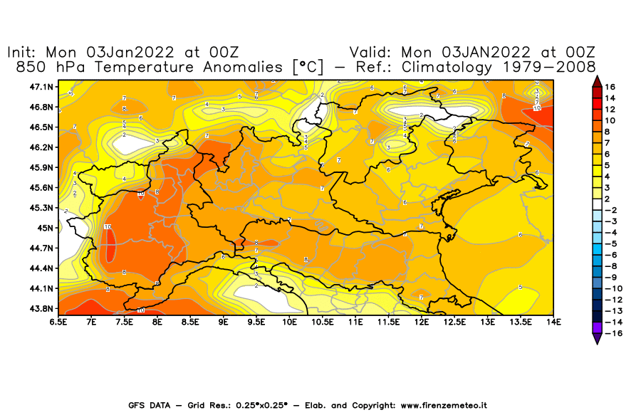 Mappa di analisi GFS - Anomalia Temperatura [°C] a 850 hPa in Nord-Italia
							del 03/01/2022 00 <!--googleoff: index-->UTC<!--googleon: index-->