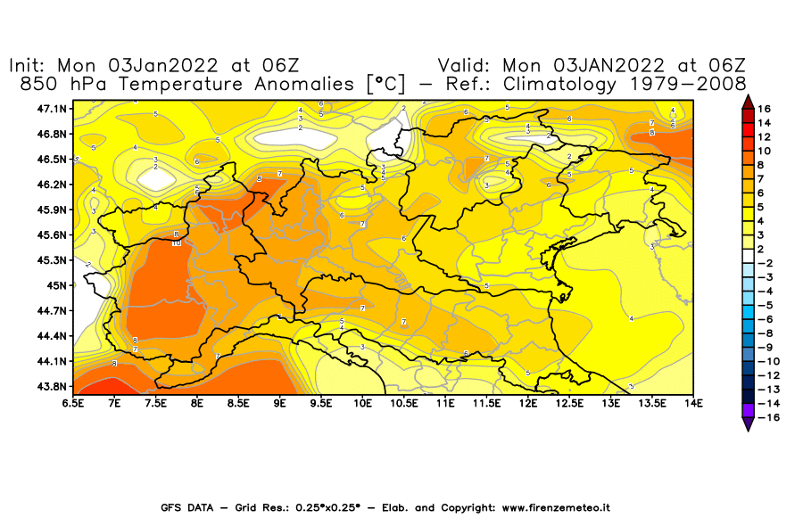 Mappa di analisi GFS - Anomalia Temperatura [°C] a 850 hPa in Nord-Italia
							del 03/01/2022 06 <!--googleoff: index-->UTC<!--googleon: index-->