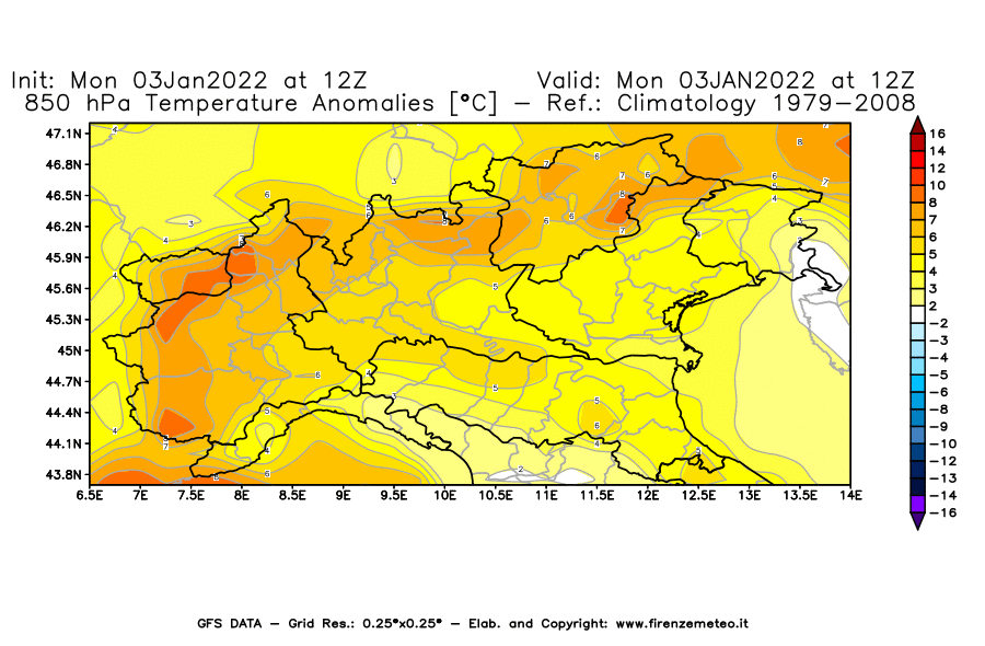 Mappa di analisi GFS - Anomalia Temperatura [°C] a 850 hPa in Nord-Italia
							del 03/01/2022 12 <!--googleoff: index-->UTC<!--googleon: index-->