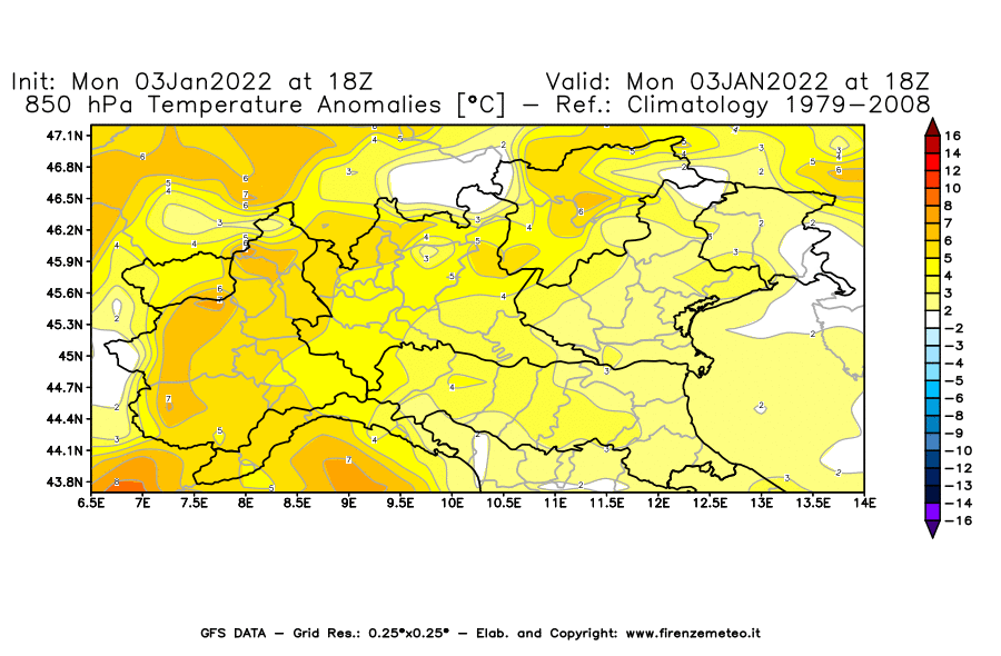 Mappa di analisi GFS - Anomalia Temperatura [°C] a 850 hPa in Nord-Italia
							del 03/01/2022 18 <!--googleoff: index-->UTC<!--googleon: index-->