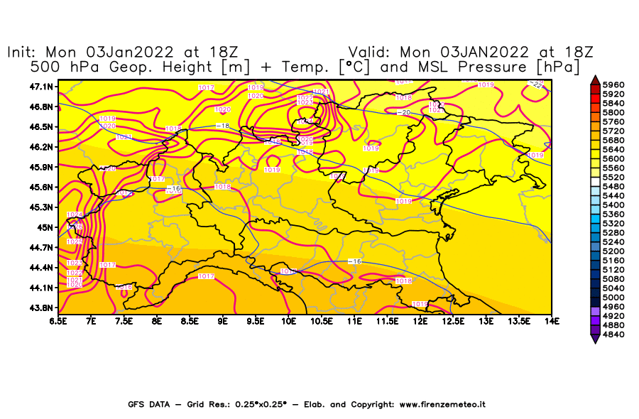 Mappa di analisi GFS - Geopotenziale [m] + Temp. [°C] a 500 hPa + Press. a livello del mare [hPa] in Nord-Italia
							del 03/01/2022 18 <!--googleoff: index-->UTC<!--googleon: index-->