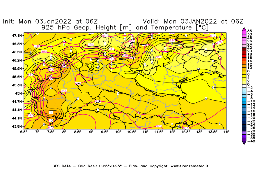 Mappa di analisi GFS - Geopotenziale [m] e Temperatura [°C] a 925 hPa in Nord-Italia
							del 03/01/2022 06 <!--googleoff: index-->UTC<!--googleon: index-->