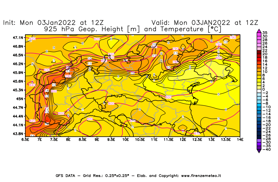Mappa di analisi GFS - Geopotenziale [m] e Temperatura [°C] a 925 hPa in Nord-Italia
							del 03/01/2022 12 <!--googleoff: index-->UTC<!--googleon: index-->