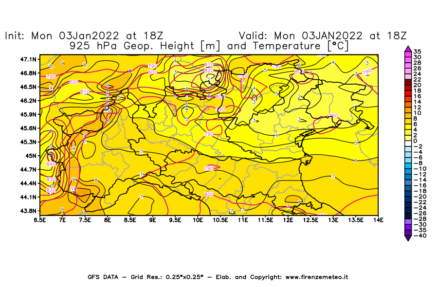 Mappa di analisi GFS - Geopotenziale [m] e Temperatura [°C] a 925 hPa in Nord-Italia
							del 03/01/2022 18 <!--googleoff: index-->UTC<!--googleon: index-->