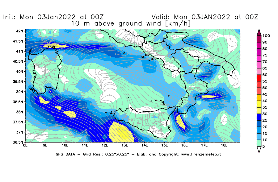 Mappa di analisi GFS - Velocità del vento a 10 metri dal suolo [km/h] in Sud-Italia
							del 03/01/2022 00 <!--googleoff: index-->UTC<!--googleon: index-->