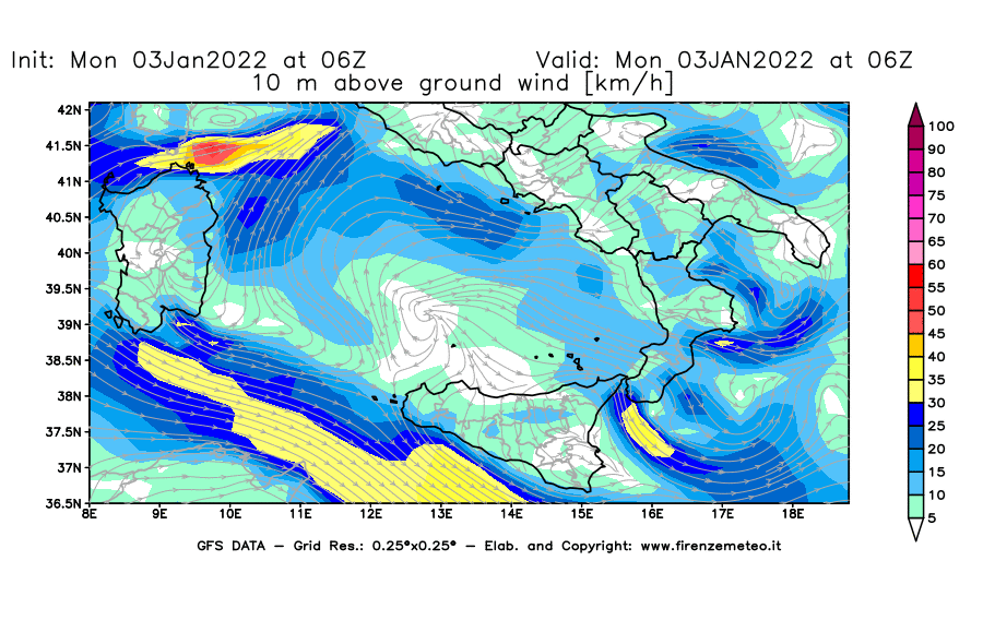 Mappa di analisi GFS - Velocità del vento a 10 metri dal suolo [km/h] in Sud-Italia
							del 03/01/2022 06 <!--googleoff: index-->UTC<!--googleon: index-->
