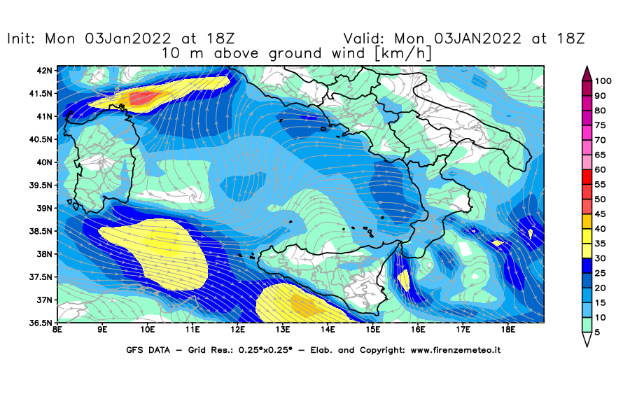 Mappa di analisi GFS - Velocità del vento a 10 metri dal suolo [km/h] in Sud-Italia
							del 03/01/2022 18 <!--googleoff: index-->UTC<!--googleon: index-->