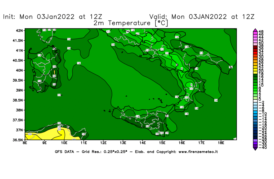 Mappa di analisi GFS - Temperatura a 2 metri dal suolo [°C] in Sud-Italia
							del 03/01/2022 12 <!--googleoff: index-->UTC<!--googleon: index-->