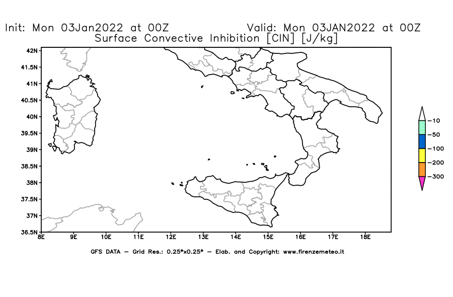 Mappa di analisi GFS - CIN [J/kg] in Sud-Italia
							del 03/01/2022 00 <!--googleoff: index-->UTC<!--googleon: index-->