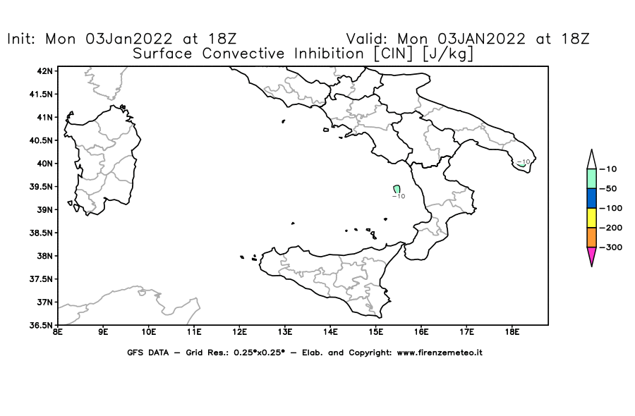 Mappa di analisi GFS - CIN [J/kg] in Sud-Italia
							del 03/01/2022 18 <!--googleoff: index-->UTC<!--googleon: index-->