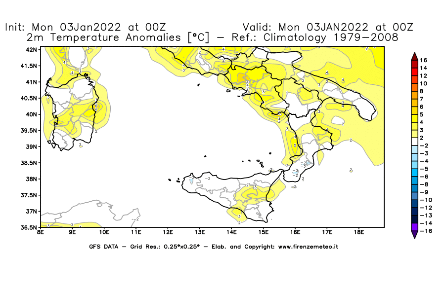 Mappa di analisi GFS - Anomalia Temperatura [°C] a 2 m in Sud-Italia
							del 03/01/2022 00 <!--googleoff: index-->UTC<!--googleon: index-->